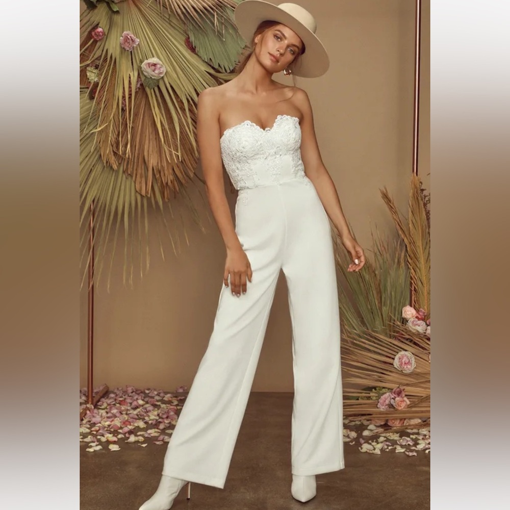 Lulu's White Lace Strapless Jumpsuit All your heart